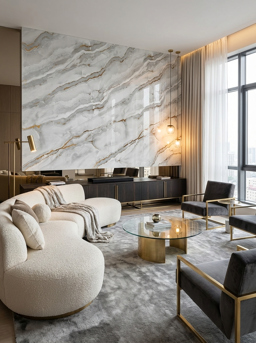 Panou Decorativ Perete - Alb-Gri-Auriu, dimensiune 2.8x1.22m